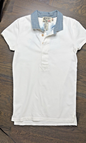 Vintage RUGBY by Ralph Lauren Polo Short Sleeve Shirt Denim Collar White sz M - Picture 4 of 8