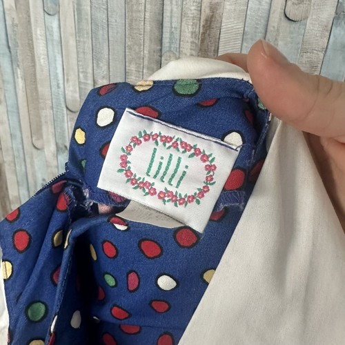 Vintage 7 80s Blue Polka Dot Print Cotton Dress Puff Sleeve Collar Bow Madeline - Picture 6 of 7