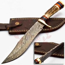 Custom Hand Made Forged Damascus Steel Hunting Bowie Knife handle Deer antler