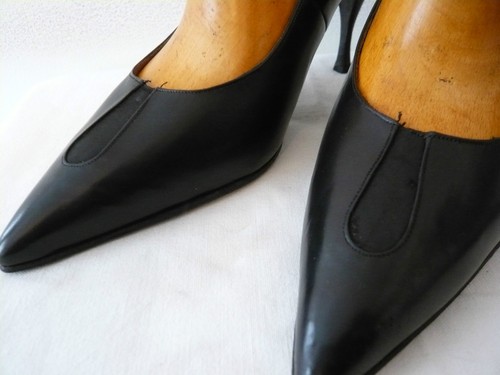 Escarpins Noirs Vintage Années 1960 - MADAME DE PARIS - Taille 37.5 - Talons Aiguilles En Cuir