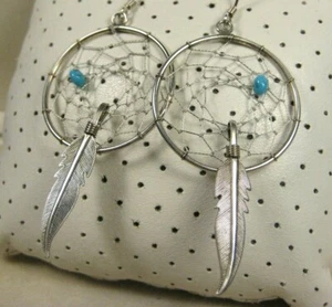 Vintage Sterling Silver Native American Navajo Feather Dream Waver Hook Earrings
