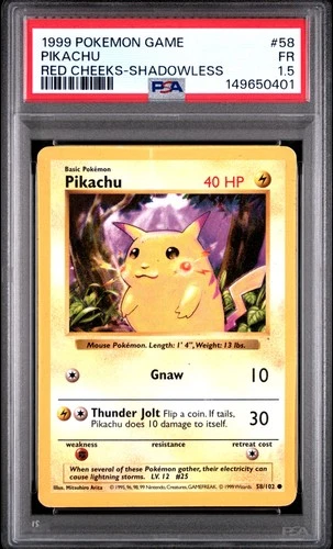 1999 POKEMON BASE SET SHADOWLESS RED CHEEKS #58 PIKACHU PSA 1.5