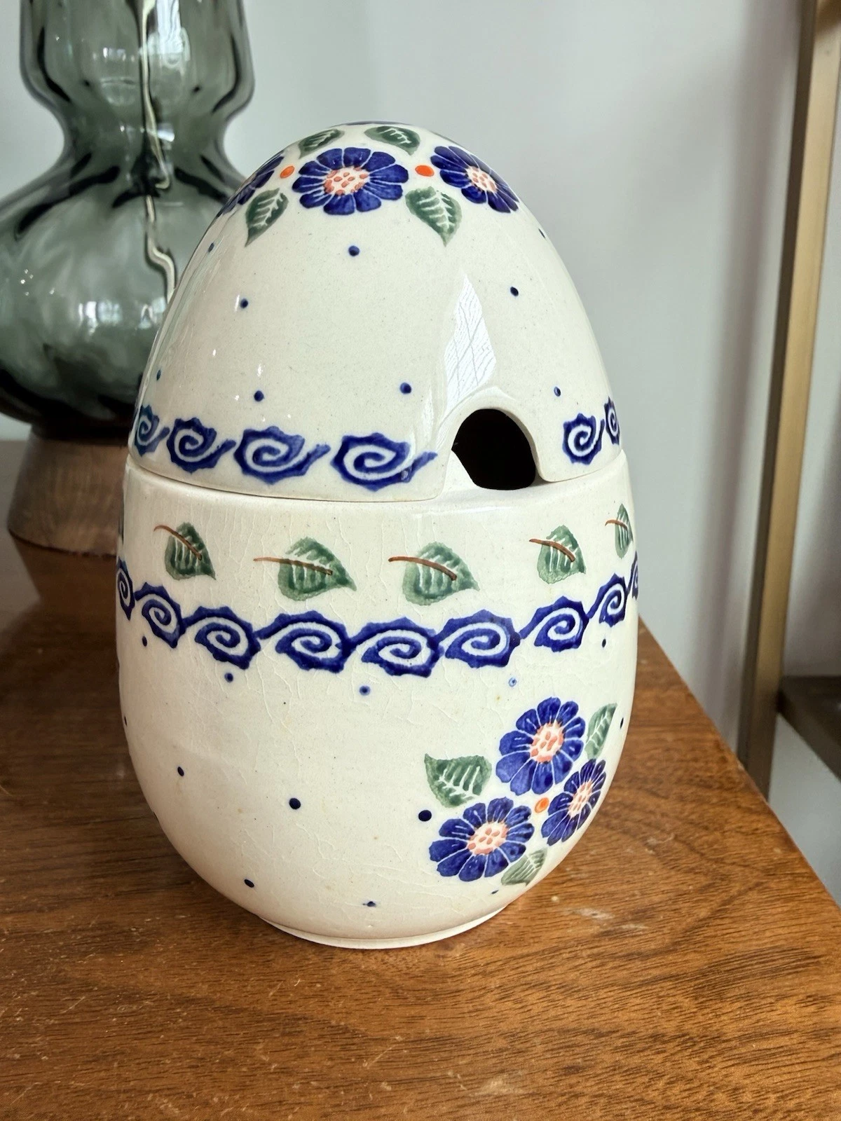 Polish Pottery 5" Round Lidded Egg-shaped Honey or Jam Jar Canister