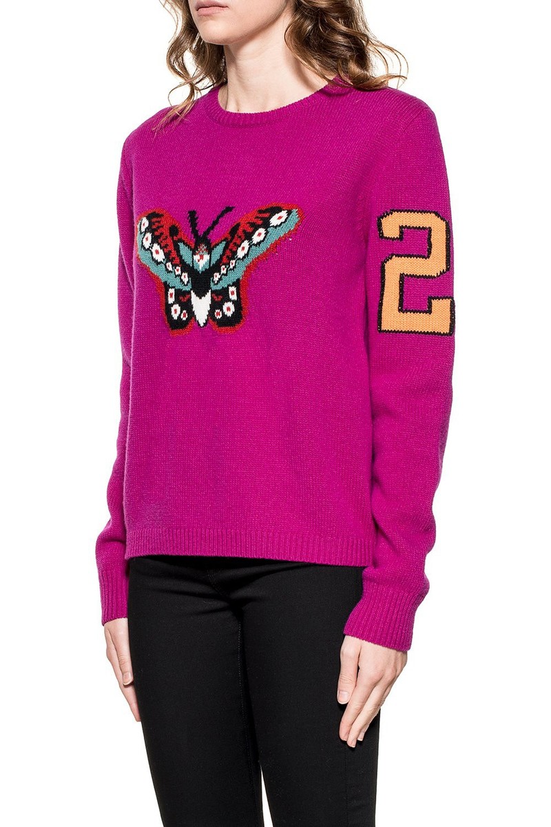 トップス Gucci wool LS knit blue flower butterfly GUCCI SWEATER INTARSIA MERINO WOOL BUTTERFLY FLOWER 25 KNIT