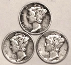 (3) Mercury Dimes - 1937D 1939D 1943D - VF/XF - #0571ED - FREE SHIPPING