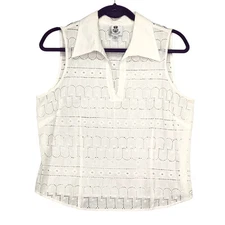 Renfrew Womens Size L Eyelet Sleeveless Top Blouse White Cotton Made in USA