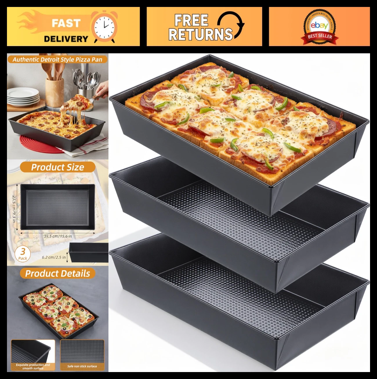 3 Pcs Non-Stick Deep Dish Pizza Pans 10x14x2.5 Heat-Resistant Bakeware Set
