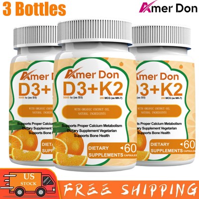 (3 Bottles) Vitamin K2 (MK7) D3 5000 IU Supplement, BioPerine Capsules, Immune