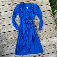 Rare Vintage 80s Wrap Dress Blue Sequin Draped Cocktail Party Womens Small
