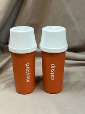 Tupperware Catsup Mustard Condiment Pump Dispensers with Lids Ketchup Orange Vtg