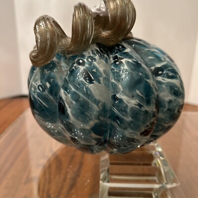 Mikasa Blue (Cotton Candy) Hand Blown Glass Pumpkin Gold Glittery Stem 6'' Fall 