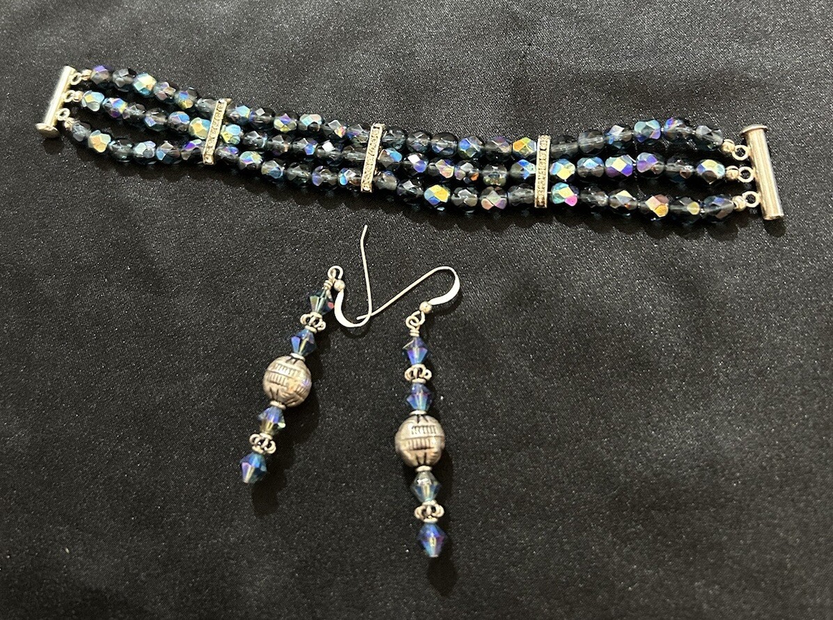 Sterling Silver 925 Autora Borealis Blue Beaded Bracelet and Earrings Set-image