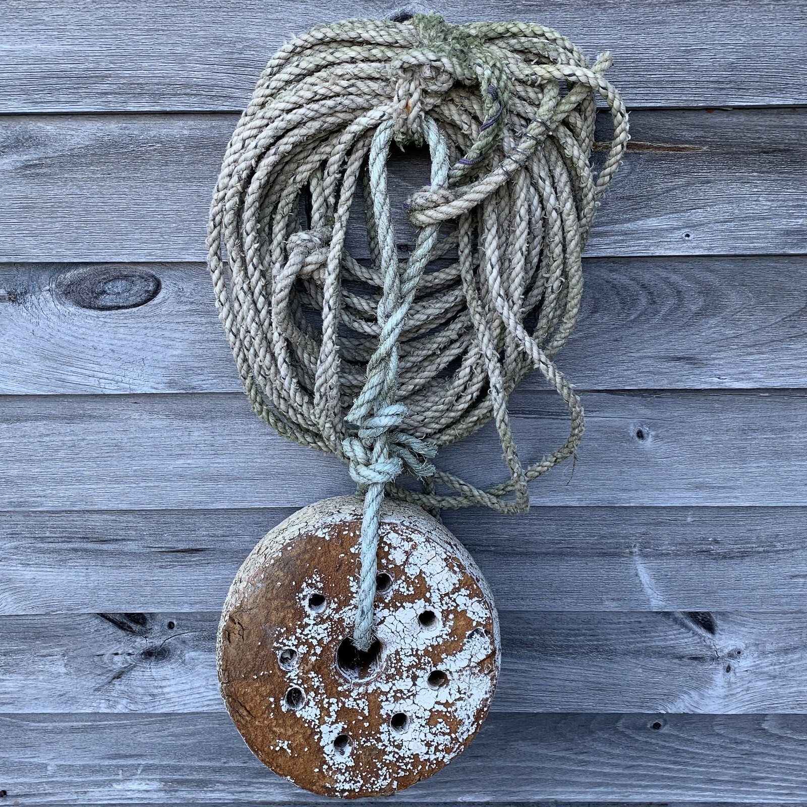 Old Weathered Retired Maine Lobster Boat Trap BUOY + ROPE Nautical
