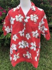2190 GO BAREFOOT Mens Red &White Hibiscus Flowers Hawaiian Shirt Made In USA XL