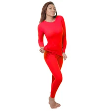 Women's Cotton Waffle Knit Thermal Underwear Stretch Shirt & Pants Red S