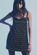 Anthropologie VELVET Sweetheart BUGLE BEADED Fringe Shift Mini Dress BLACK S NYE