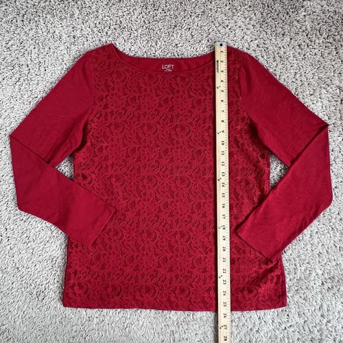 LOFT OUTLET Red Lace-Front Long-Sleeve Boat-Neck Tee Womens L Lightweight - Picture 3 of 13