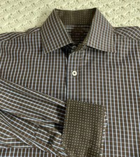English Laundry Men  s Dress Shirt Blue 15 34/35 Brown Blue Check Flip Cuff