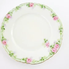 Rare Vintage German Hand Painted Pale Green Floral BREAD Plate Pink Rose c.1940s