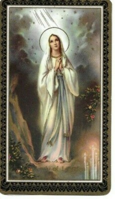 Holy Card of Our Lady of Lourdes & a 1''  Medal of O.L & Bernadette Plus a Relic