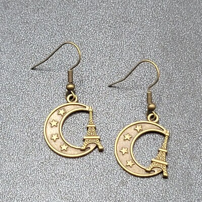 Crescent Moon Eiffel Tower Pierced Earrings Dangle Bronze tone New 7/8''