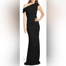 KATIE MAY Black One Off Shoulder Stretch Crepe Draped Bodycon Dress Size 10 NWT