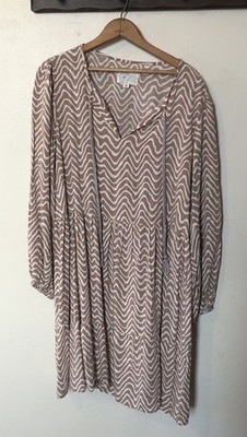 Destination 365 L Lightweight Beige Tan Long Sleeve Midi Dress Boho Pockets