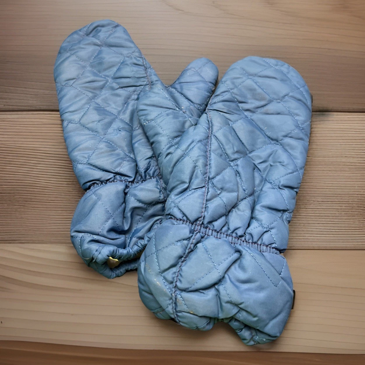 Vintage Blue Faux Leather Ski Mittens Quilted Winter Gloves Made in USA