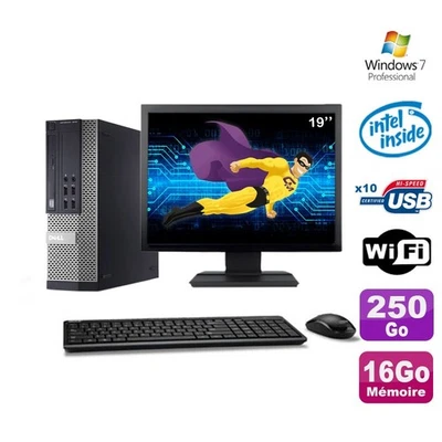 Lot PC Dell Optiplex 990 SFF G630 2.7GHz 16Go 250Go DVD Wifi W7 + Ecran 19" - Photo 1/4