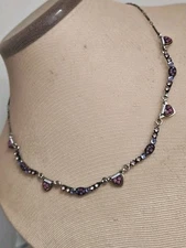Ayala Bar Dainty Mosaic Purple Glass Necklace Antiqued Silver Tone Adjustable 
