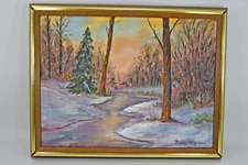Vtg Winter River Snow Landscape Oil Painting San Antonio TX Marcy Wagner 9x12"