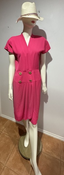 Stitches Vintage 90 Pink Unlined Wrap Dress/ Gold Buttons/Pleated Size12 GC
