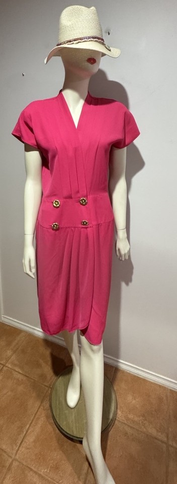 Stitches Vintage 90 Pink Unlined Wrap Dress/ Gold Buttons/Pleated Size12 GC