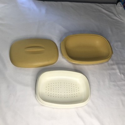 3 PC. Tupperware Microwave Rice Steamer 1273-6 Harvest Gold Oval Bowl Dish 