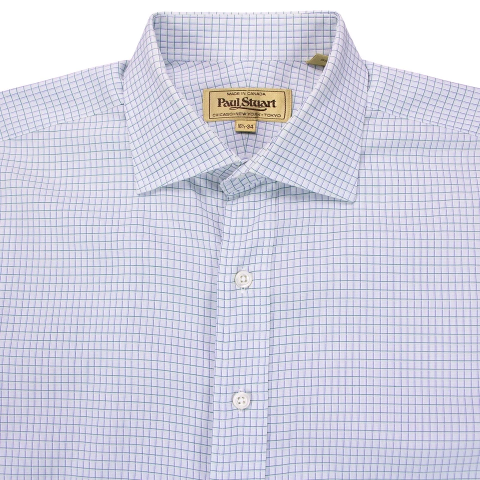 Мужская белая зеленая клетчатая рубашка с длинным рукавом Paul Stuart 16,5–34 с французскими манжетами - Изображение 3 из 4
