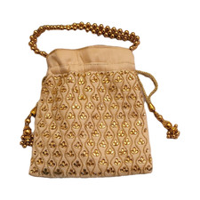 Beige Gold Beaded Evening Bag Bridal Handbag with Embellished Drawstring