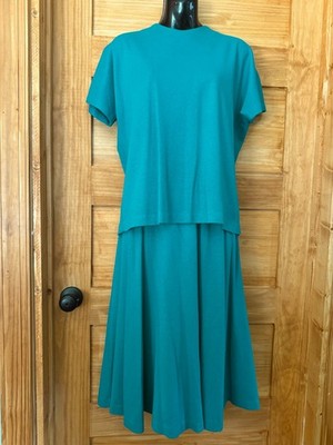Graff Vtg 80s Classic Blue Green Teal 2 Piece A Line Midi Swing Skirt Set S/6