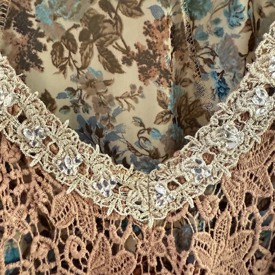 BKE Women’s Semi Sheer Top With Lace Overlay Boho Floral Festival L Beaded - Image 3 of 4
