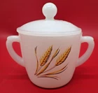 Vintage Fire King Milk Glass Sugar Bowl w/ Lid Wheat Design Made in USA No Chips