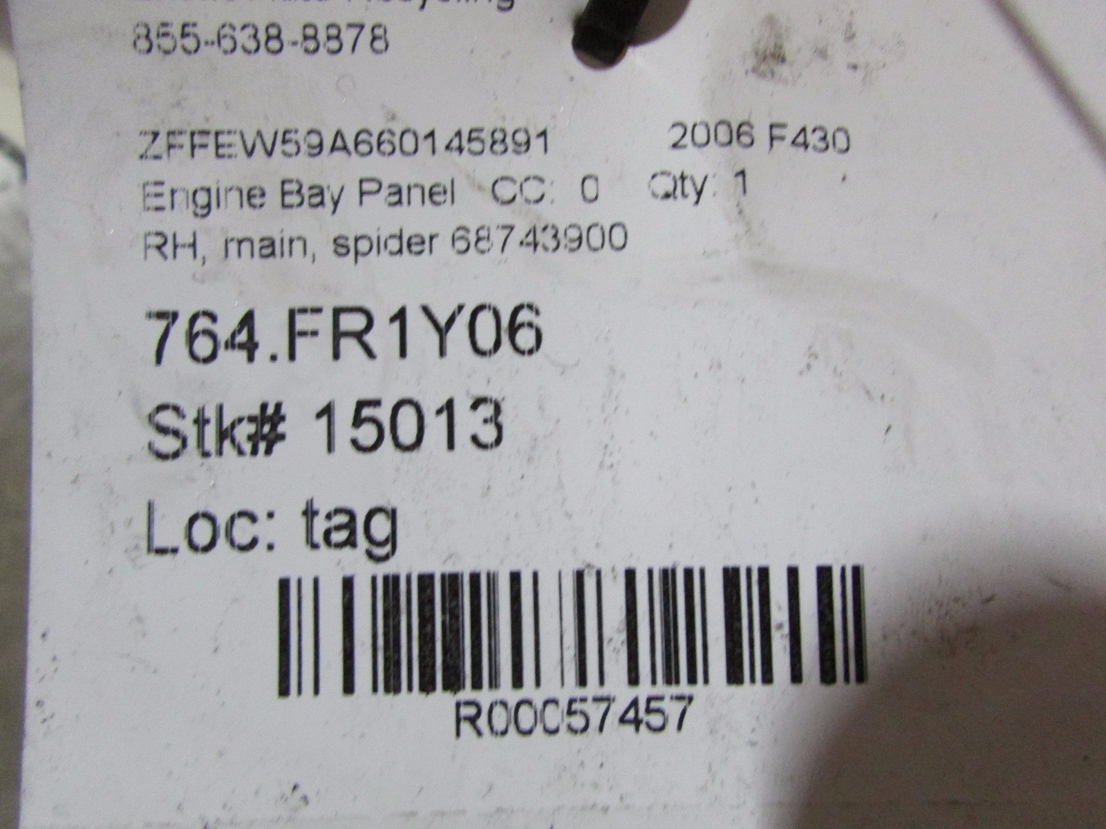 Ferrari F430 Spider, RH, Right Engine Bay Cover, Used, P/N 68743700