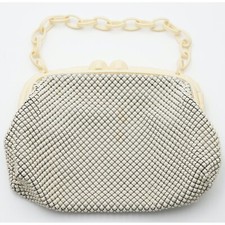 Vintage Whiting Davis Ivory Enamel Mesh Purse w/ Bakelite Chain, Frame 1940s