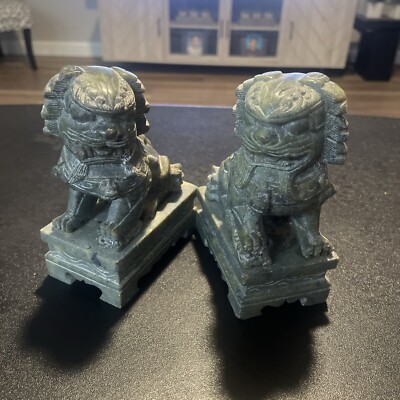 Two Carved Green Jade Color Stone Foo Dogs Chinese Guardian Lions Bookends