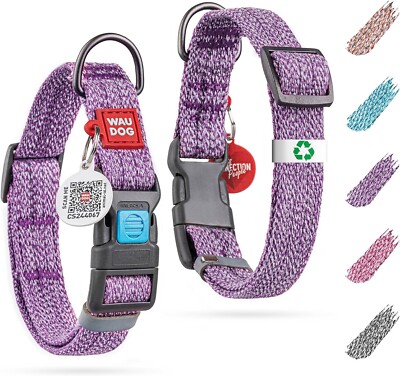 TWO PAcK Dog Collar QR ID tag, 9-14'' Neck 3/5'' W, purple Reflective nylon -Small