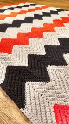 Handmade Knit Crochet Chevron Granny Afghan Throw Blanket Red