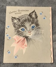 Vtg Happy Birthday Card 1950  s Cat Kitten Gray Pink Feather 5  X 6  Ephemera