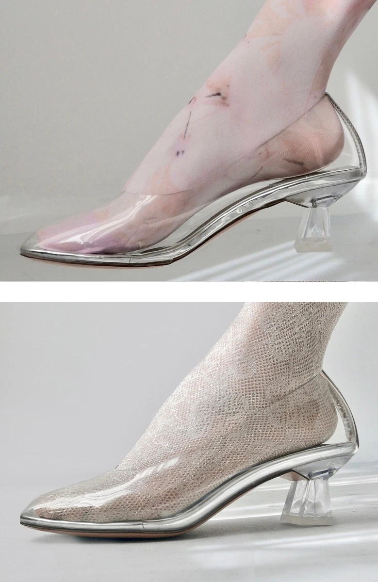 Cinderella chunky low heel square kitten shoes pump round toe clear transparent