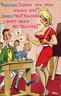 Vollbusige Lehrer Schüler Anspielungen 60er Jahre Comic Cartoon Postkarte verschickt 1966 Truro