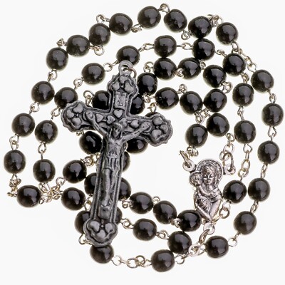 Black Round 7mm Catholic Rosary Beads Glass Women Men 7mm Italy 18'' Long