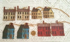 8-Primitive-Saltbox House-Fussy Cut-Linen Cardstock-Gift-Hang-Tags-Ornaments