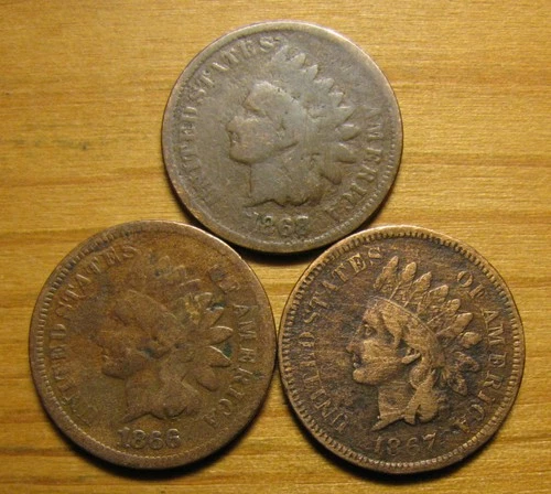 LOT OF (3) 1866 1867 1868 INDIAN HEAD CENTS FROM US COIN COLLECTION PENNY SET